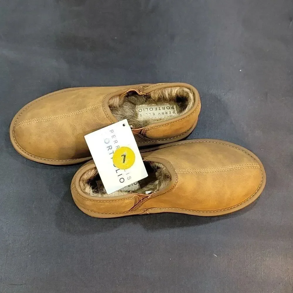 BRAND NEW PERRY ELLIS ROUND-TOE FAUX FUR INSOLE KIDS SLIPPERS